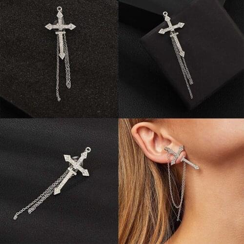 1Pcs Korean Trendy Punk Detachable Cross Shiny Rhinestone Earrings Temperament Long Tassel Crystal Drop Pendientes Women Jewelry