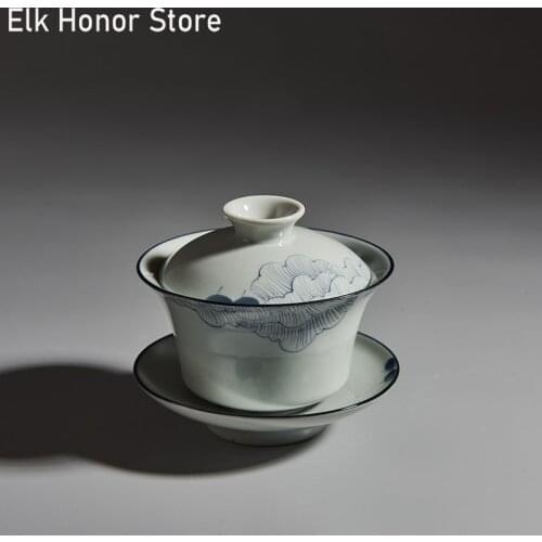 150ml Hand Painted Hibiscus Art Tea Tureen Sancai Tea Cup Porcelain Bowls Sopera Cup Saucer Milk Oolong Tea Household Teaware