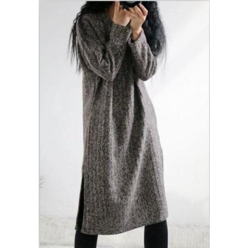 2017 Winter New Original Thick Warm Wool Dress Minimalist Loose Striped Plus Size Hem Bifurcation Robe Sexy Long Sleeve Vestidos