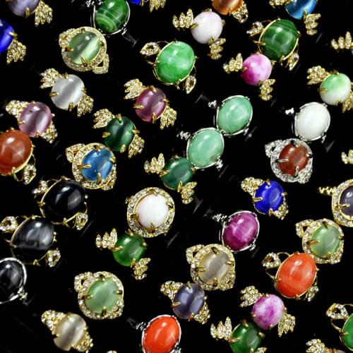 50Pcs Mixed Color Vintage Cats Eye Stone Opal Women Rings Lots Feminine Jewelry Bulks LR4059