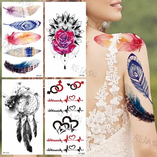 Watercolor Feather Temporary Tattoos For Women Girls Dream Catcher Cardiogram Rose Fake Tattoo Sticker Sexy Arm Body Tatoos Show