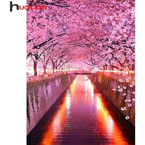Huacan Diamond Painting Full Cherry Blossoms Scenery Embroidery Mosaic Flower Road Diamond Art Wall Decor