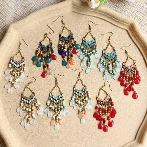 Bohemian Multicolor Crystal Beads Drop Earrings Vintage Classic Ethnic Long Geometric Earrings Charm Femme Party Wedding Jewelry