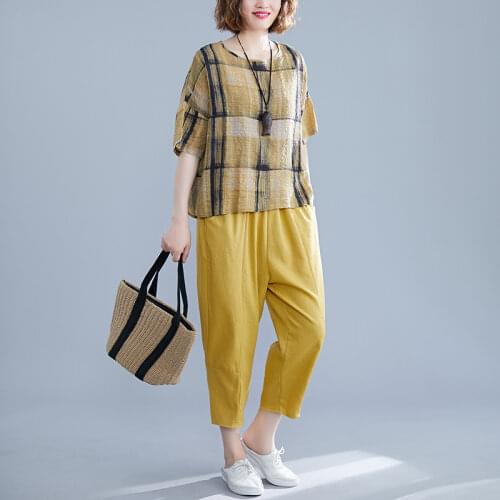 Oversized Loose Cotton Women Pants Suits 2021 Summer Vintage Plaid Loose T-shirts and Harem Ankle Length Pant Female Pant Suits
