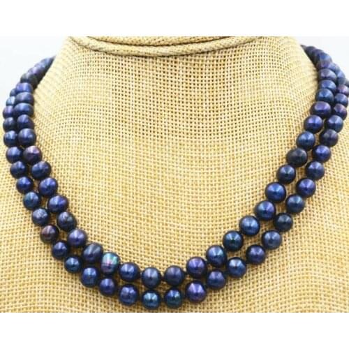 Classic 2 Rows 7-8mm black freshwater pearl choker Necklace Woman Jewelry 35-43cm 14-17