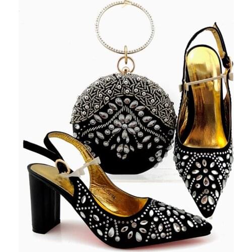 High Class Balck Spring/Autumn Lady Pointed Toe Shoes And Evening Handbag Set With Stones MD012 Heel Height 9CM