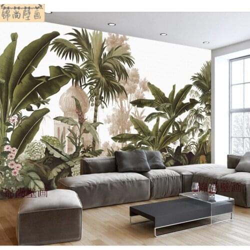 Hand painted Southeast Asian Restaurant background wall mural tropical rain forest plant living room theme hotel wallpaper