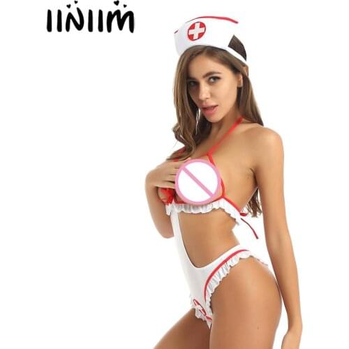 Iiniim Womens Femme Fantasy Nurse Cosplay Roleplay SissyLingerie Set Open Cups Crotchless Tie-on Leotard Bodysuit with Headband