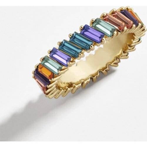 Rainbow Cz Stone Stacking Women Fashion Rings Boho Gold Baguette Cubic Zirconia Wedding Engagement Girls Love Finger Ring Female