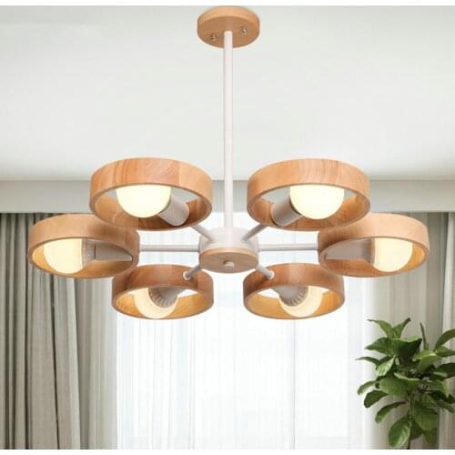 Scandinavian rustic chandelier 360 degree rotation E27 wood light fixture creative home black white ring chandelier