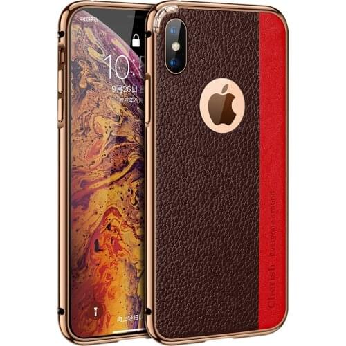 Metal Frame + Cowhide Leather Back Cover for iPhone X XR XS Max Stylish Pocket Luxury Thin Splice Phone Case for iPhone 7 8 Plus