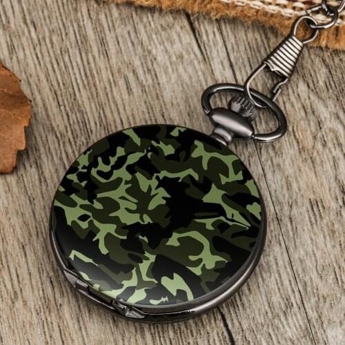 Men Black Quartz Pocket Watch Camouflage Green Delicate Pattern Pendant Pocket Watch Digital White Dial Durable Alloy Case Watch