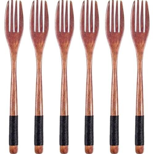 6PC Wooden Forks Set Kitchen Cutlery Food Salad Fruit Spaghetti Natural Vintage Handmade Fork for Cooking