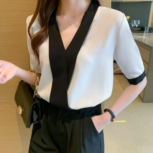 2021 White Blouse New Korean Women Tops Blouse V-neck Shirt Temperament Thin Seven-sleeve Chiffon Tops Female Blusas 15450