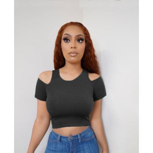 Solid Color Hollow Out Off Shoulder Short Sleeve Round Neck Pullover Retro Top Female Women T-Shirt Tunic Slim-Fit Streetwear