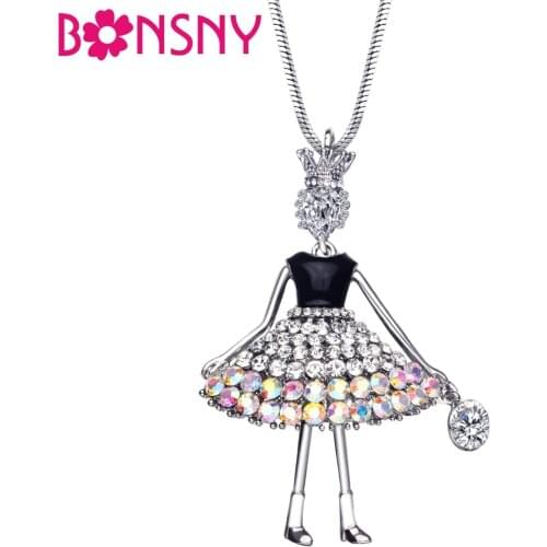 Bonsny Crystal Rhinestone Alloy Crown Princess Girls Necklace Pendant Long Chain New Fashion Classic Jewelry For Women Teen Gift