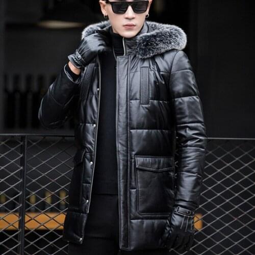 Winter Thick Warm Mid Long Down Jacket Biker Windproof Overcoat Fur Collar Hoody Slim Fit Business Man Genuine Leather Jacket