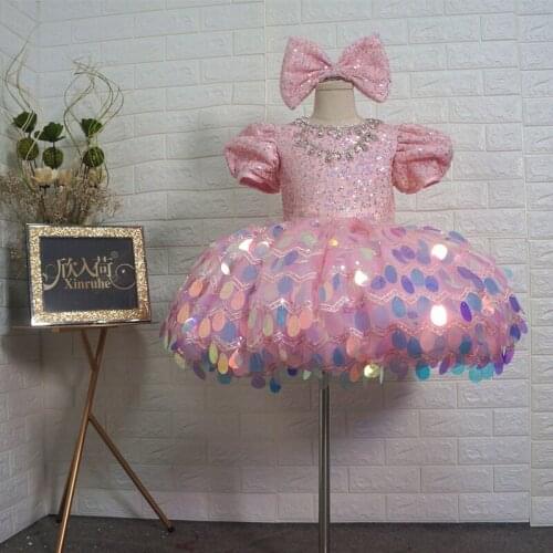 Real Picture Bling Bling Crystal Beading Sequin Pink Girls Birthday Party Dresses Pink Children Girls First Communion Tutu Gowns
