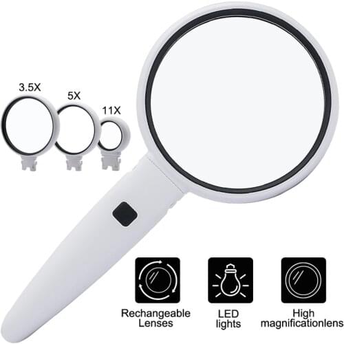 LED Handheld Magnifier 3.5X 5X 11X Changeable Lens Handle Magnifying Glass Reading Magnifier for Stamp Identification