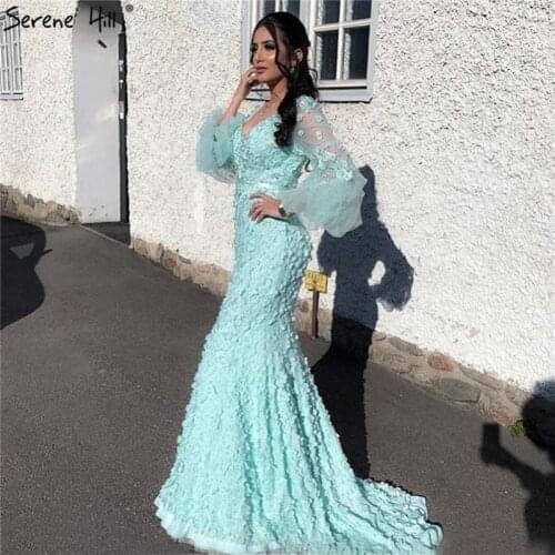 SERENE HILL 2020 Mint Long Latern Sleeves Mermaid Evening Dresses V-Neck Flowers Pearls Formal Dress LA6514