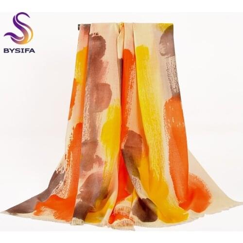[BYSIFA] Winter 100% Wool Scarves 2018 New Orange Women Long Scarf Pure Wool Shawl Scarf Spring Autumn Pashmina Scarves 180*70cm