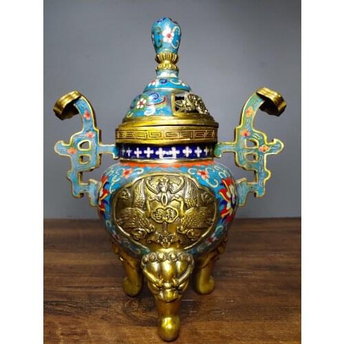 11" Tibet Buddhism Temple Old Bronze Cloisonne Enamel Animal head statue Tripod Wishful binaural Incense burner Fu Lu Shuangquan