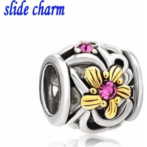 Slide charm Free shipping and American fashion personality gift pink crystal inlaid lead wire floral beads fit Pandora bra