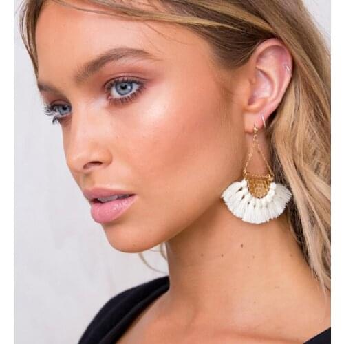 Fan shaped Cotton Tassels Bohemia Earrings For Women Ethnic Jewelry Big Dangle Earrings Handmade Fringe Pendientes