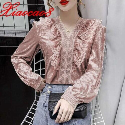 New Fashion V Neck Ruffles Women Lace Blouse Black Pink Long Sleeve Elegant Womens Shrits Tops Spring Plus Size Woman Clothing