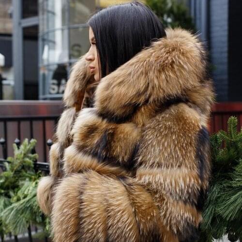 Winter Hooded Fur Jacket Real Raccoon Fur Coat Women Warm Fashion Outwear High Quality