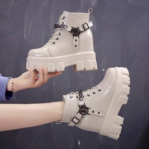 Botas Women Motorcycle Ankle Boots Wedges Female Lace Up Platforms Spring Black Leather Oxford Shoes Woman 2021 Botas Mujer 39
