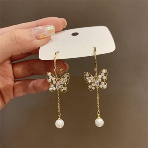 MENGJIQIAO 2021 Fashion Hollow Butterfly Cute Zircon Drop Earrings For Women Ladies Elegant Pearl Beads Pendientes Jewelry
