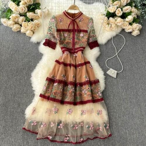 Women Dress Summer Floral Embroidered Tulle Vestidos Female Sweet Elegant Puff Sleeve Ribbon Bow Lace Up A-line Lace Mesh Robe