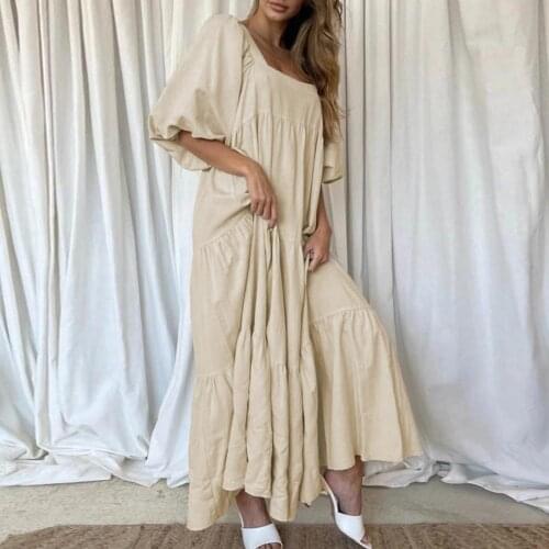Female Stylish Maxi Dress Ruffles Large Hem Back Lace-up Square Neck Short Puff Sleeve Patchwork Dress Woman Summer 2021