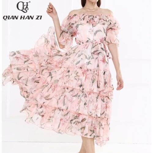 Qian Han Zi high-quality designer fashion summer long dress Women Slash neck lily print ruffled elegant chiffon beach maxi dress