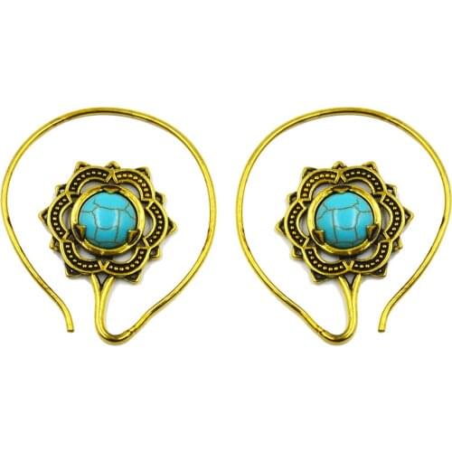 Gold Brass Lotus Vintage Filigree Sun Beaded Indian Tribal Earring Hoop Drop Ear Piercing Body Jewelry