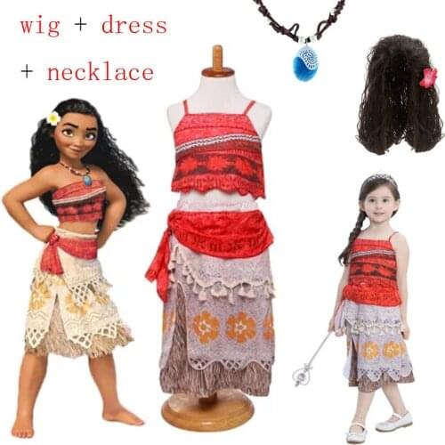 Kids Princess Moana Cosplay Costume Girls Gifts Halloween Birthday Party Dress Set Girl Vaiana Dress Necklace Cosplay Costume