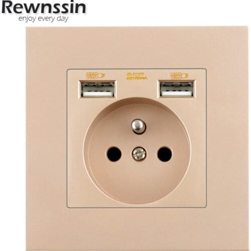 Golden Plastic Panel French Standard Wall Power Socket With 2.1A USB Plug For Home 110V-250V Singel Double Triple Quadruple