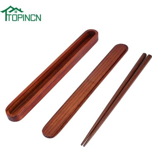 TOPINCN Eco-friendly Portable Wooden Chopsticks with Pull-out Wood Color Chopsticks Box Case Tableware Dinnerware