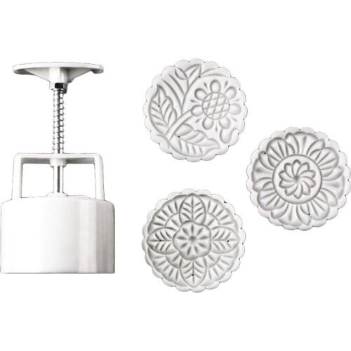 150g Mooncake Barrel Mold with 3pcs Flower Stamps Hand Press Moon Cake Pastry