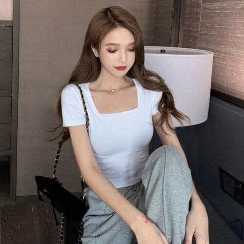 Short sleeve black t-shirt female French square collar close fitting clavicle top slim big neckline T-shirt net red summer