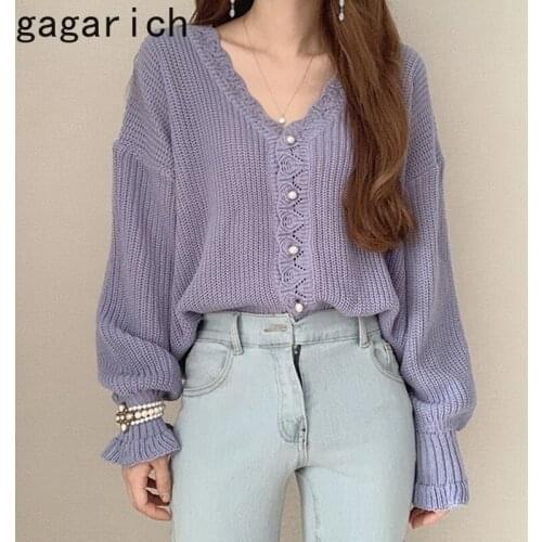 Gagarich Woman Cardigan Korean Chic Autumn New Vintage Hollow Pattern V-neck Pearl Button Loose Puff Sleeve Female Knitted Shirt