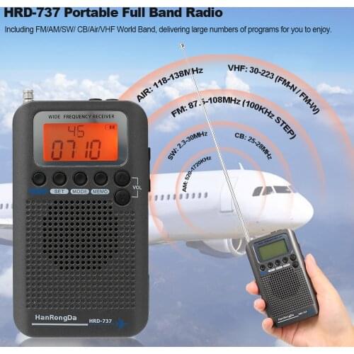 HanRongDa HRD-737 Portable Radio Aircraft Full Band Radio FM/AM/SW/CB/Air/VHF Receiver World Band with LCD Display Alarm Clock