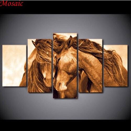 Full Square round Diamond Painting 5 pieces" red horse couple" Multi-picture Combination Embroidery Cross Stitch Mosaic Home