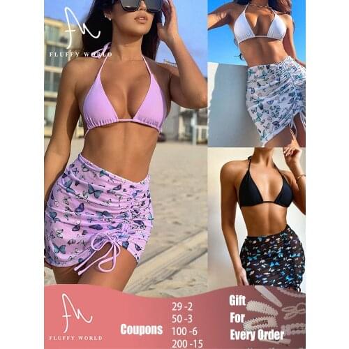 Butterfly Print 3 Piece Bikini Set with Skirt High Waist Mesh Swimsuit Micro Swimsuit Halter Bikini with Drawstring Beachwear