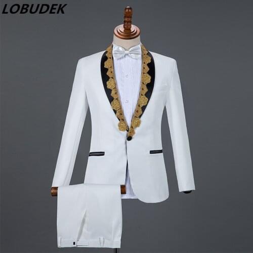 4 Colors Beads Sequins Mens Suits White Blazers Pants Sets Wedding Groom Clothing Host Singer Suit Formal Dress Chorus Costume
