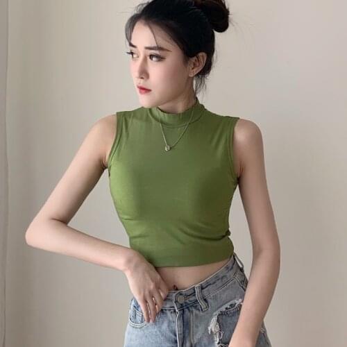 Gkfnmt 2020 Summer Slim Short Top Sexy Women Sleeveless O-Neck Croptops Tank Tops Solid Black White Crop Tops Vest Top Green