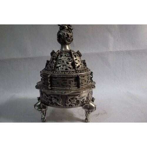 China Buddhism bronze silver Dragon foo dog elephant 3 Leg censer incense burner