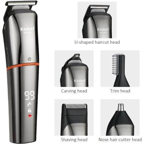 Kemei 5 In 1 Mens Electric Shaver Nose Hair and Beard Hair Shaving Machine LCD Display Hair Clipper Beauty Care Trimmer 42D