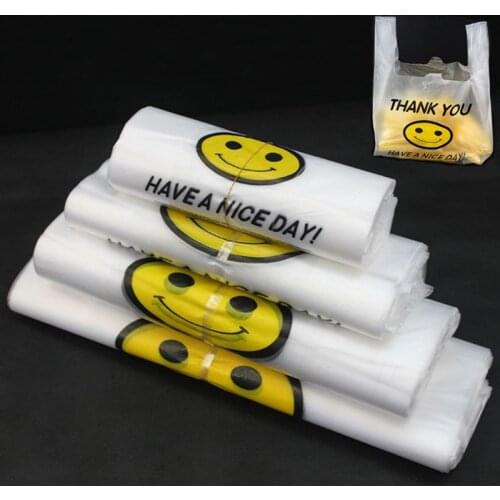 50pcs Plastic Bags With Handle Supermarket Shopping Bag THANK YOU Smiling Face Gifts Clear Carrier Bags Lovely Style Party Pouch